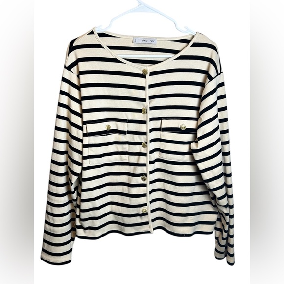 Mango Sweaters - Mango MNG Cream Black Striped Button Up Cardigan Preppy Size 2XL